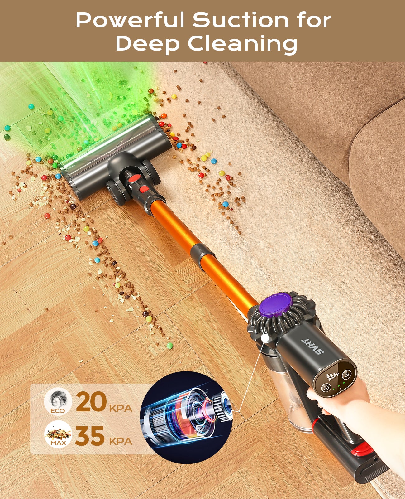 V15 Cordless Vacuum Cleaner, 45Mins Powerful Vacuum Cleaners for Home, Lightweight Stick Vacuum with Advanced Green Light Tech, Rechargeable Vacuum for Carpet,Pet Hair,Hardwood Floor