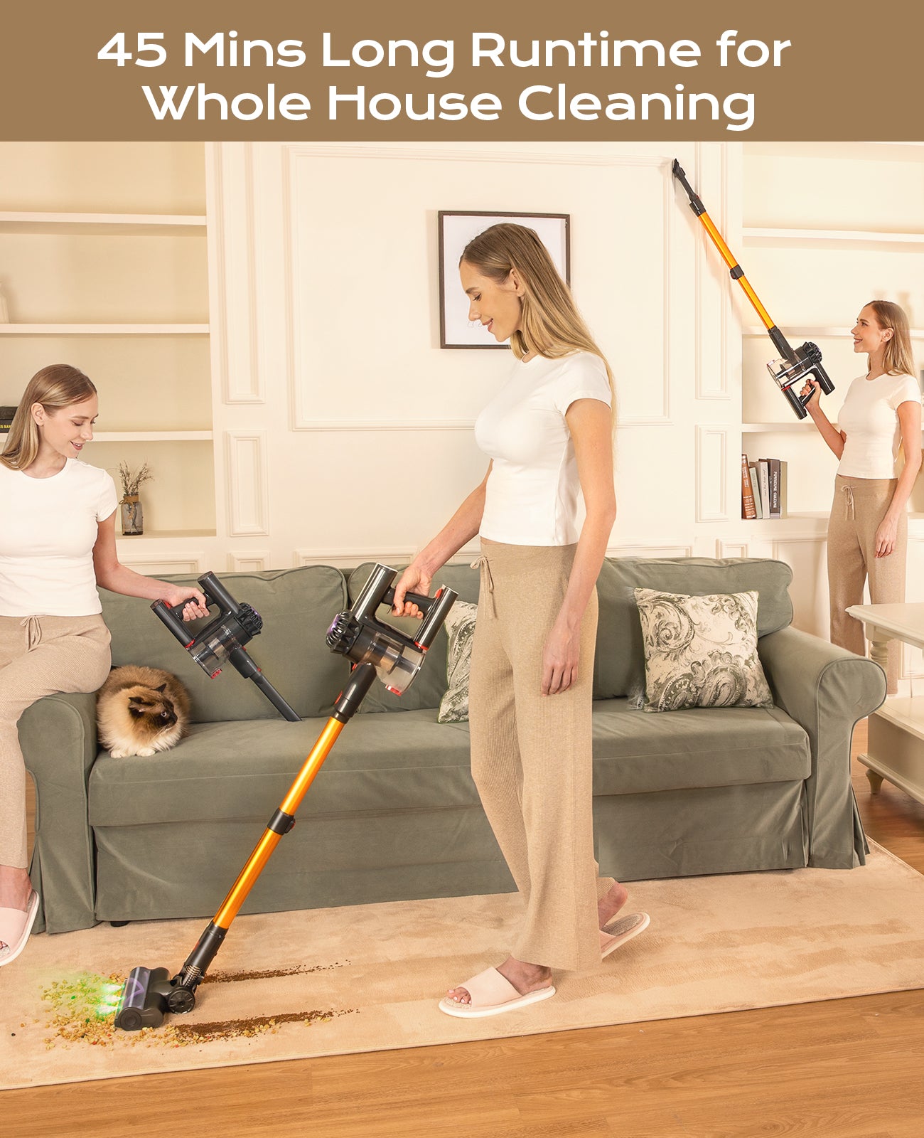 Cordless Vacuum Cleaner, 450W 40KPA Vacuum Cleaners for Home, 45 Mins Lightweight Stick Vacuum Cordless with LED Display, Rechargeable Battery Vacuum for Carpet,Pet Hair,Hardwood Floor