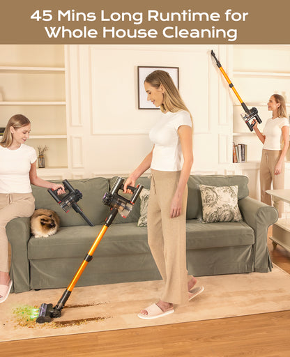 Cordless Vacuum Cleaner, 450W 40KPA Vacuum Cleaners for Home, 45 Mins Lightweight Stick Vacuum Cordless with LED Display, Rechargeable Battery Vacuum for Carpet,Pet Hair,Hardwood Floor